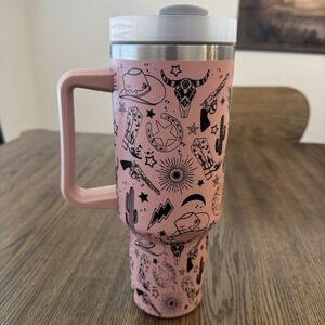 Pink Western Long Horn Gun Stainless Steel, Engraved Thermal Cup 40 Oz